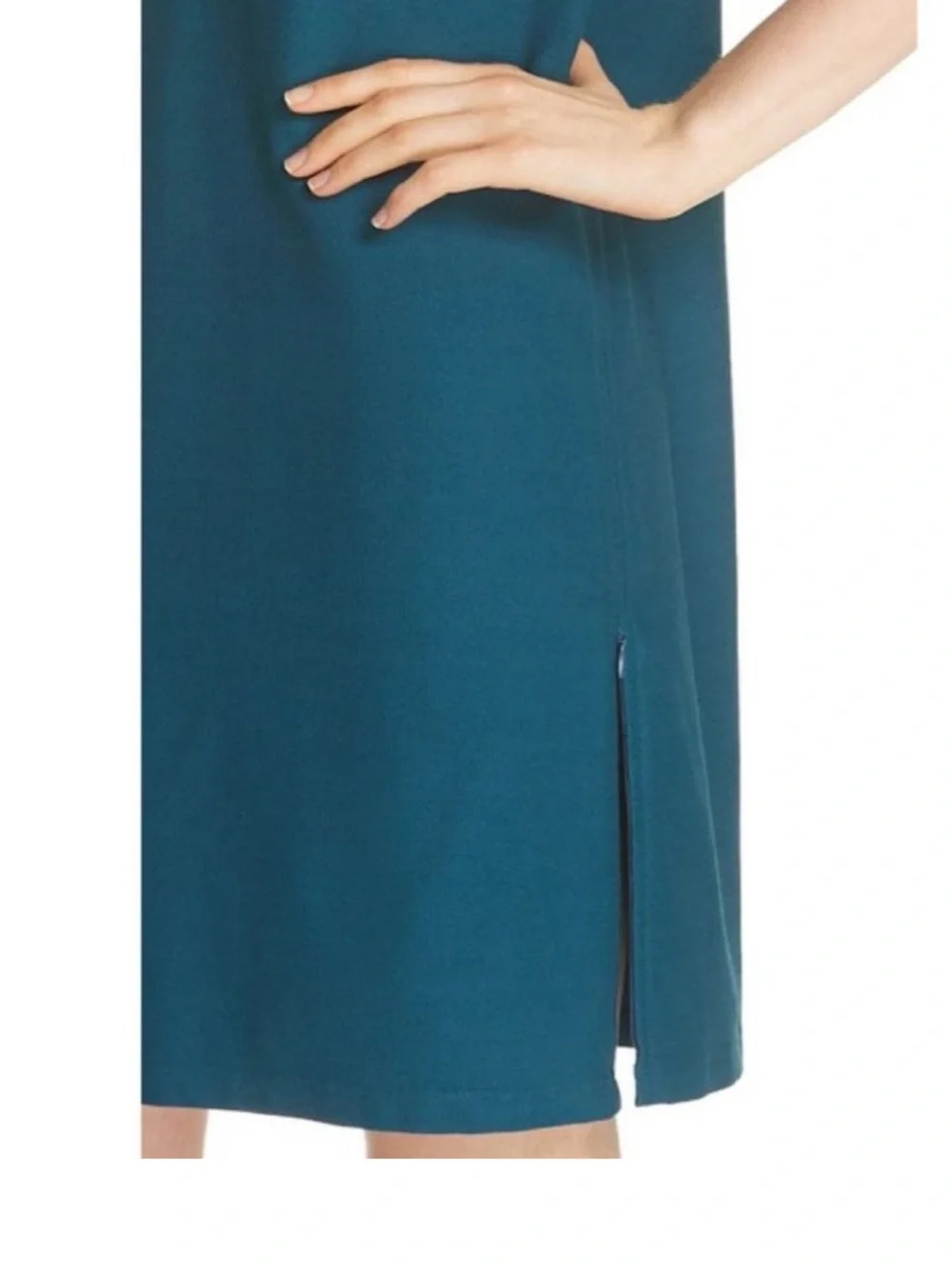 Eileen Fisher Teal Washable Crepe Boat Neck Side Zip Tunic Dress Womens Medium - Picture 2 of 6